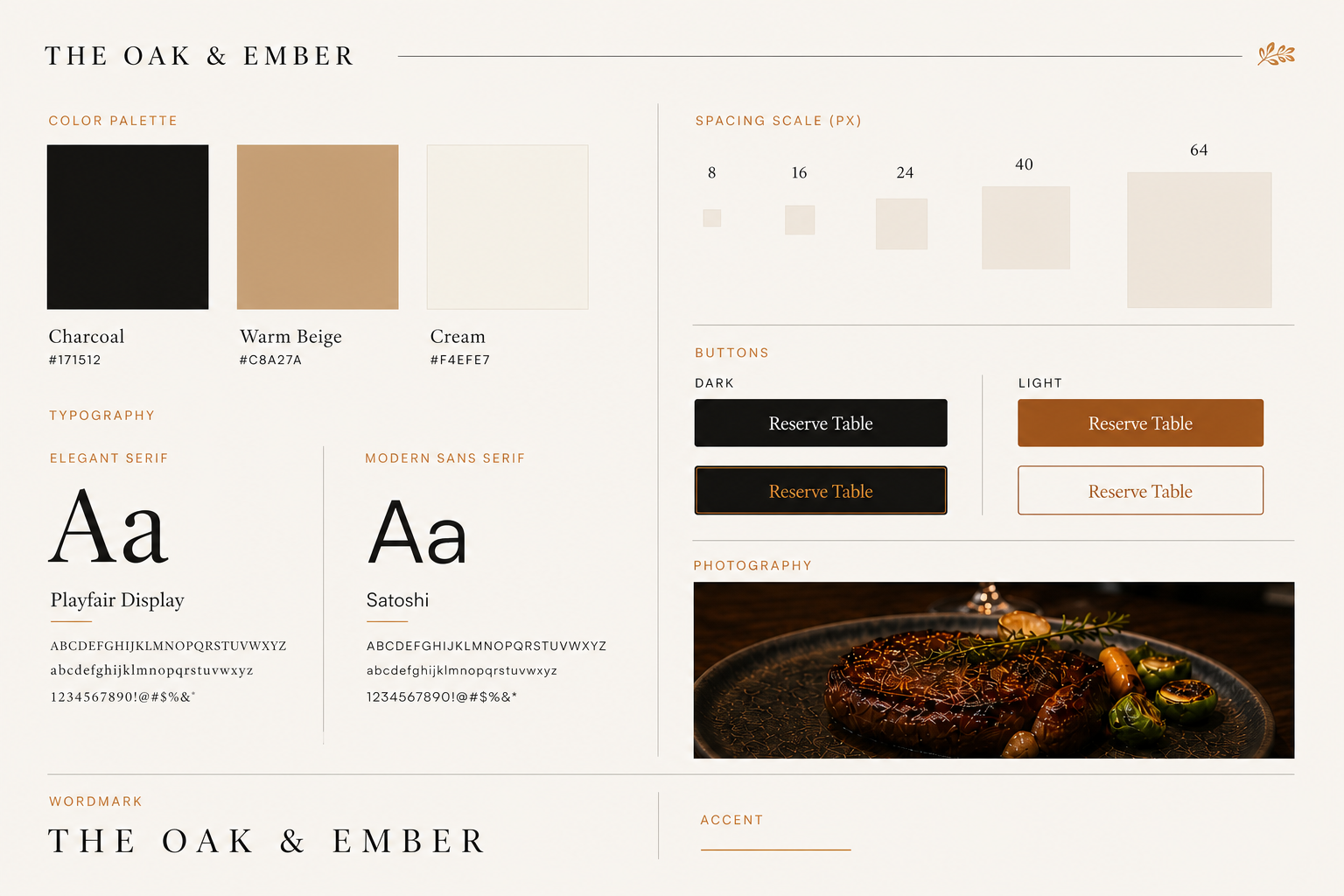 The Oak & Ember visual design system board