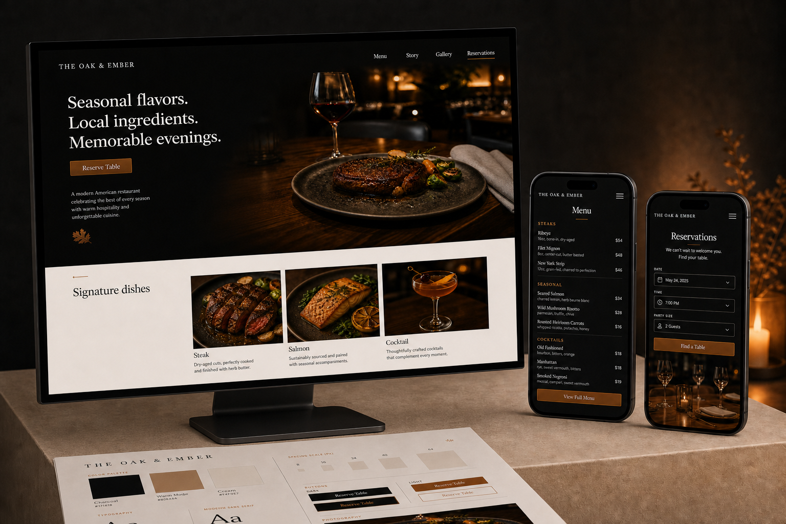 Final Oak & Ember website presentation across desktop and mobile devices