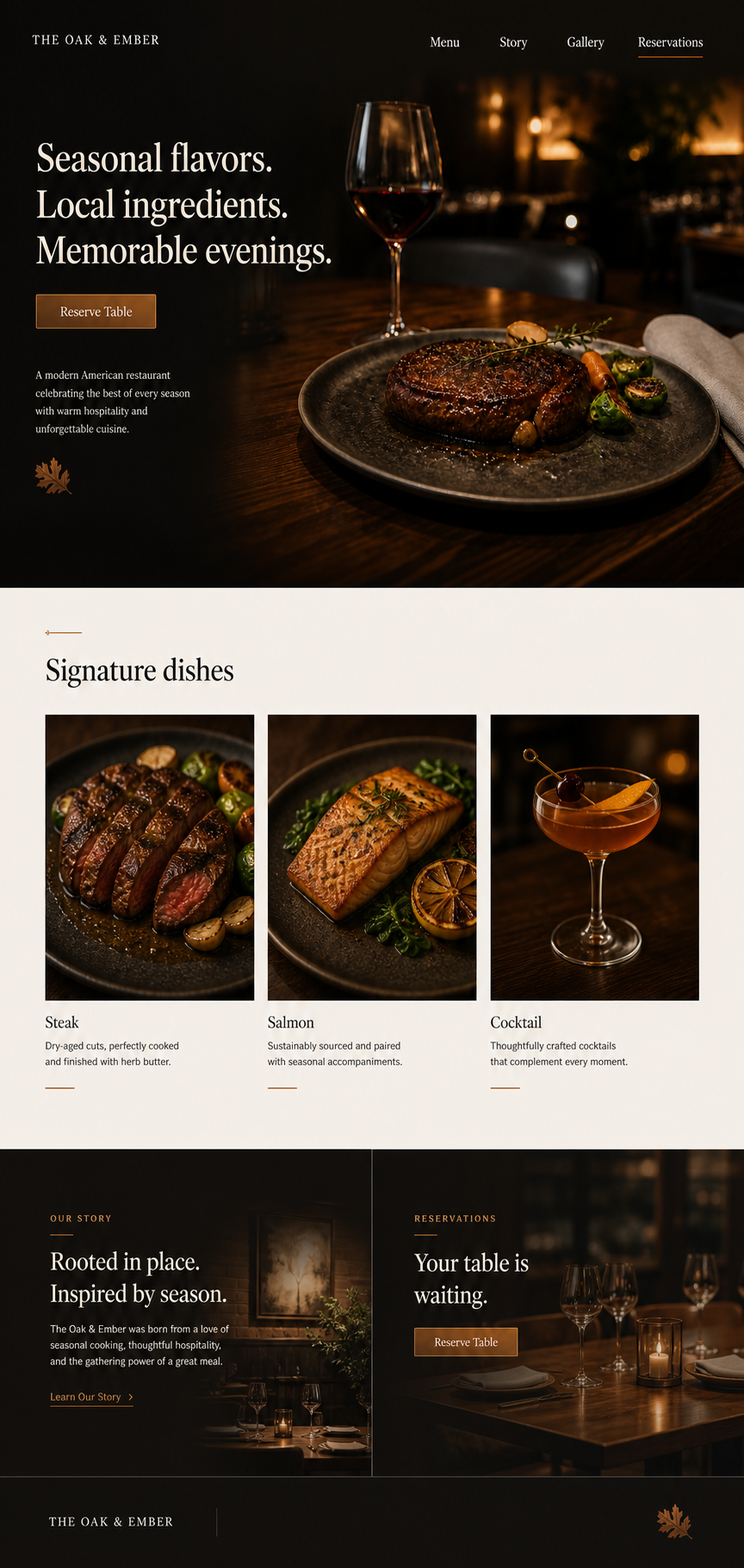 Full desktop homepage design for The Oak & Ember