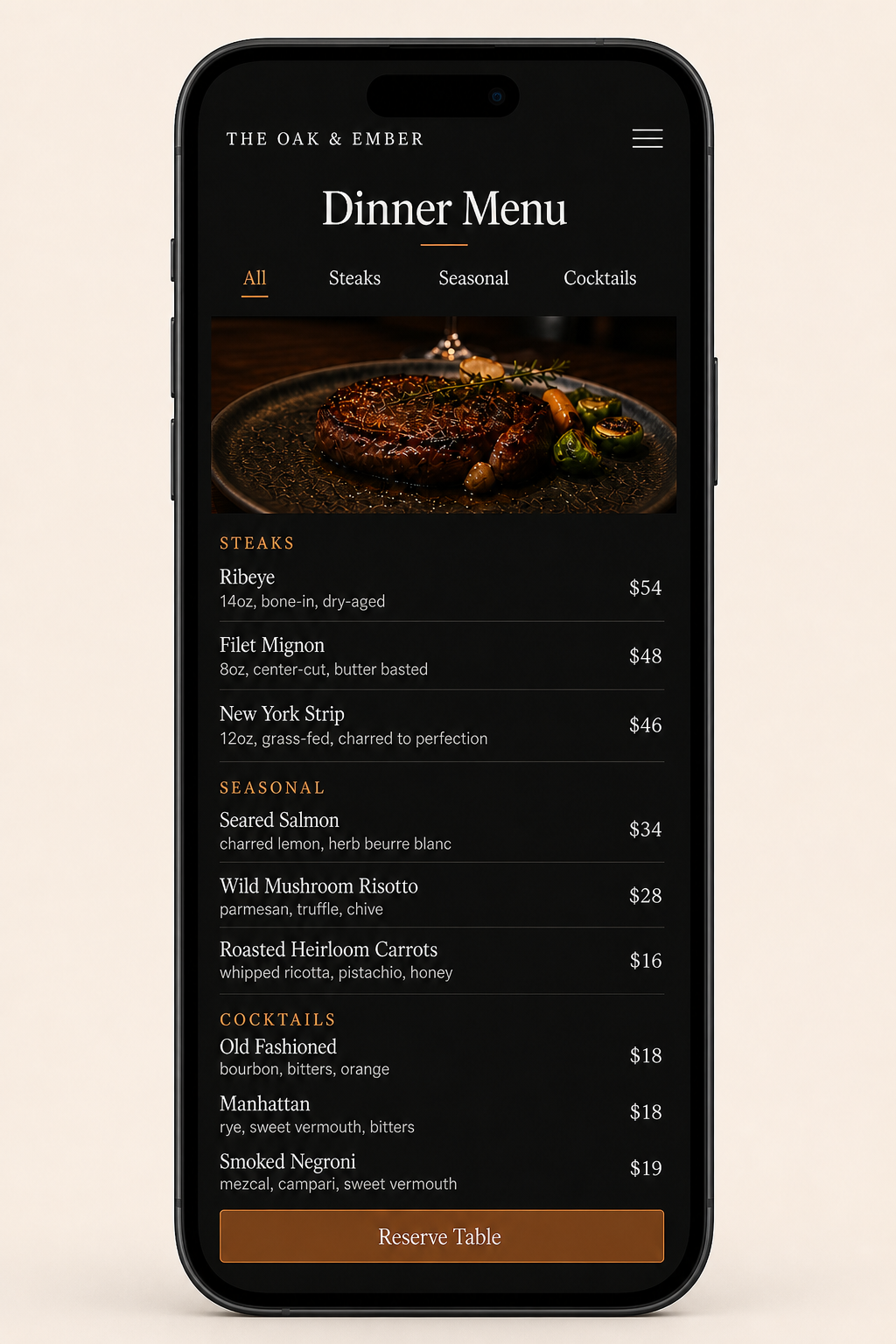 The Oak & Ember dinner menu shown on a mobile phone