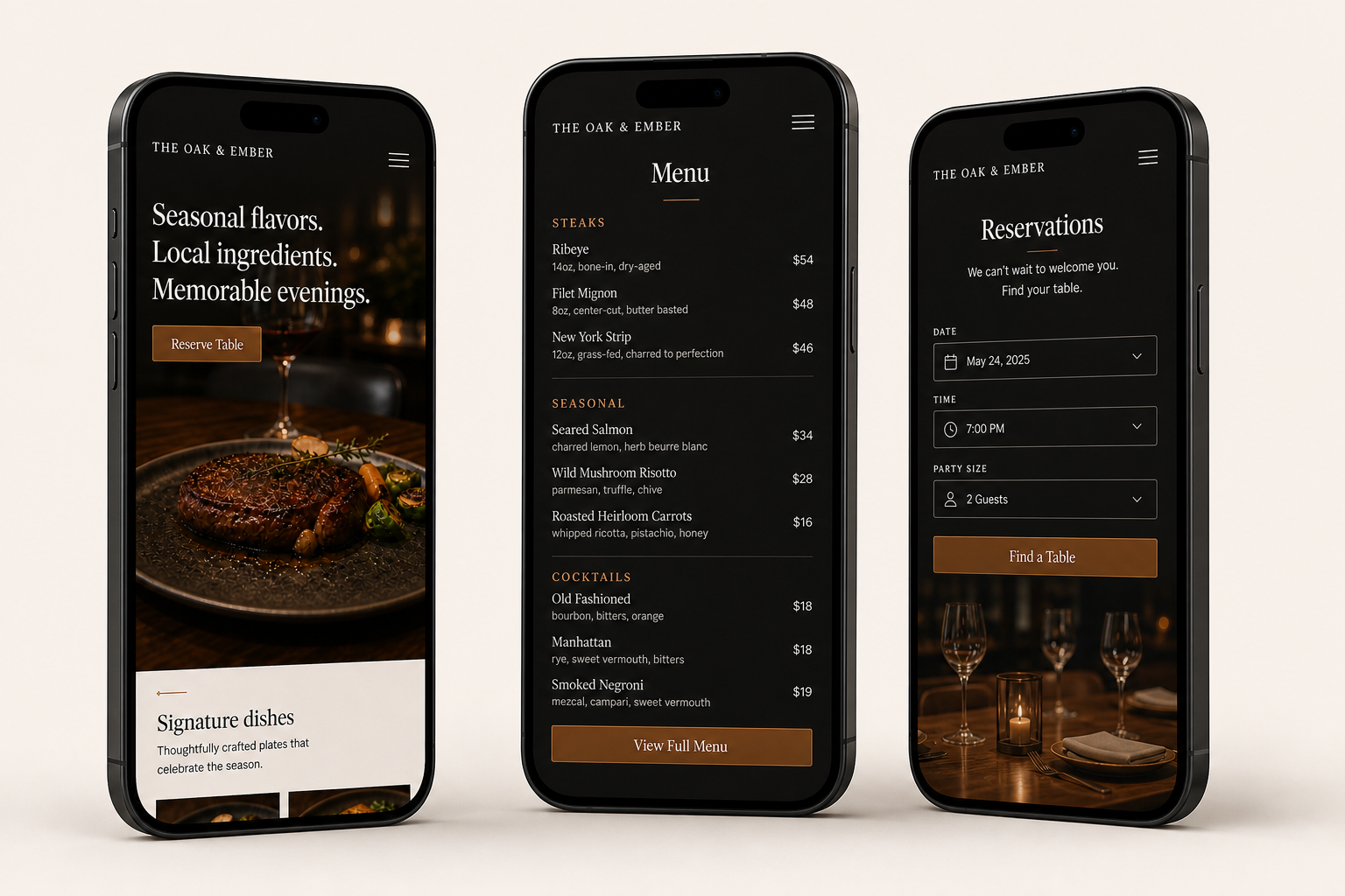 Three responsive mobile screens for homepage, menu, and reservations